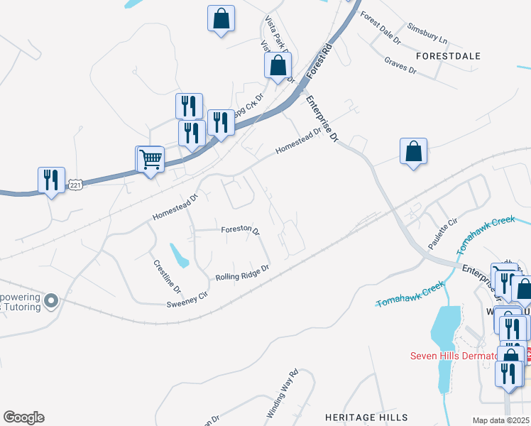 map of restaurants, bars, coffee shops, grocery stores, and more near 1141 Homestead Garden Court in Forest
