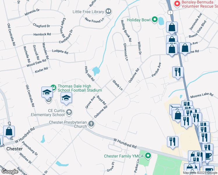map of restaurants, bars, coffee shops, grocery stores, and more near 11809 Holly Hill Road in Chester