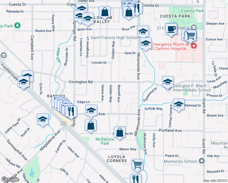 map of restaurants, bars, coffee shops, grocery stores, and more near 1084 Golden Way in Los Altos