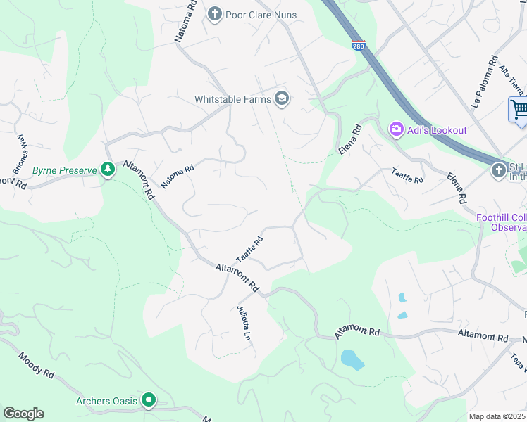 map of restaurants, bars, coffee shops, grocery stores, and more near 26925 Taaffe Road in Los Altos Hills