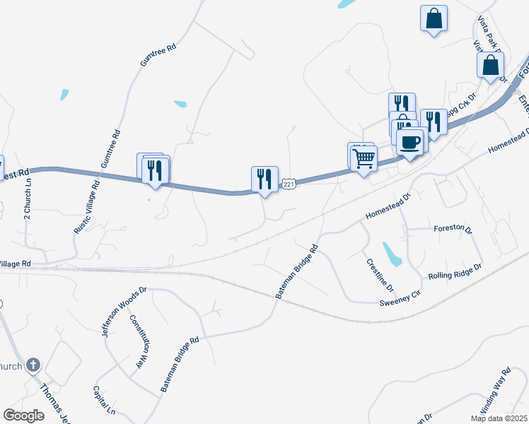map of restaurants, bars, coffee shops, grocery stores, and more near 1152 Gables Drive in Forest