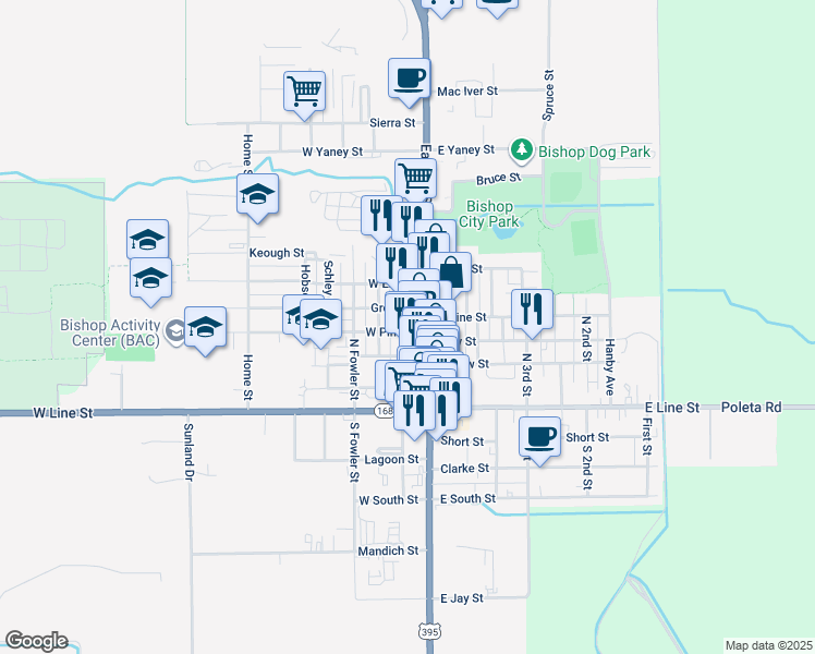map of restaurants, bars, coffee shops, grocery stores, and more near 325 North Warren Street in Bishop