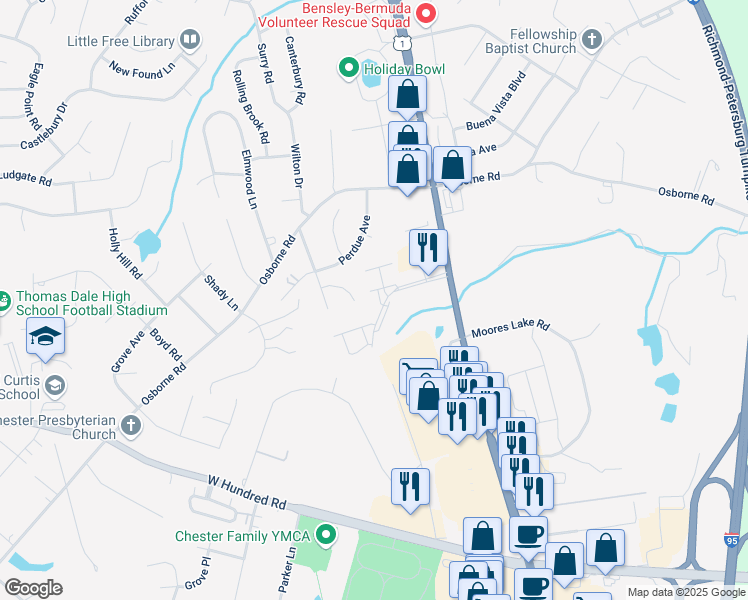 map of restaurants, bars, coffee shops, grocery stores, and more near 2844 Goyne Loop in Chester