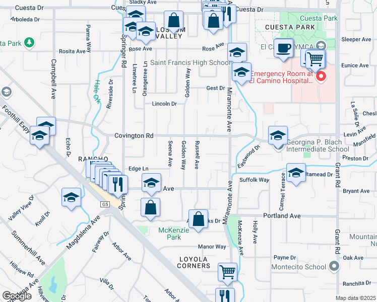 map of restaurants, bars, coffee shops, grocery stores, and more near 1084 Golden Way in Los Altos