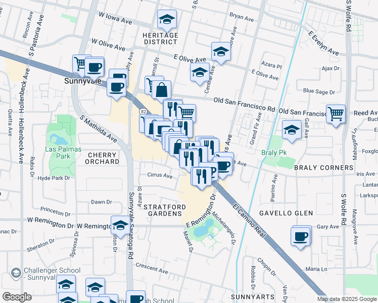 map of restaurants, bars, coffee shops, grocery stores, and more near 472 California 82 in Sunnyvale