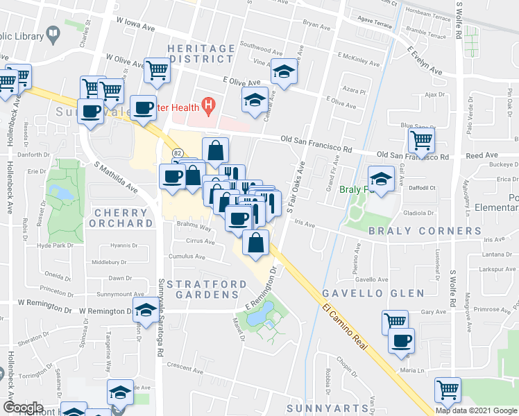 map of restaurants, bars, coffee shops, grocery stores, and more near 555 East El Camino Real in Sunnyvale