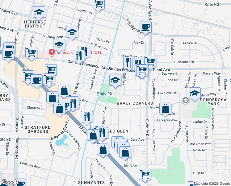 map of restaurants, bars, coffee shops, grocery stores, and more near 675 Gail Avenue in Sunnyvale