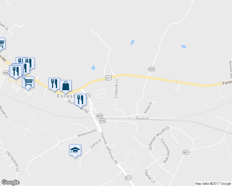 map of restaurants, bars, coffee shops, grocery stores, and more near 1208 2 Church Lane in Forest