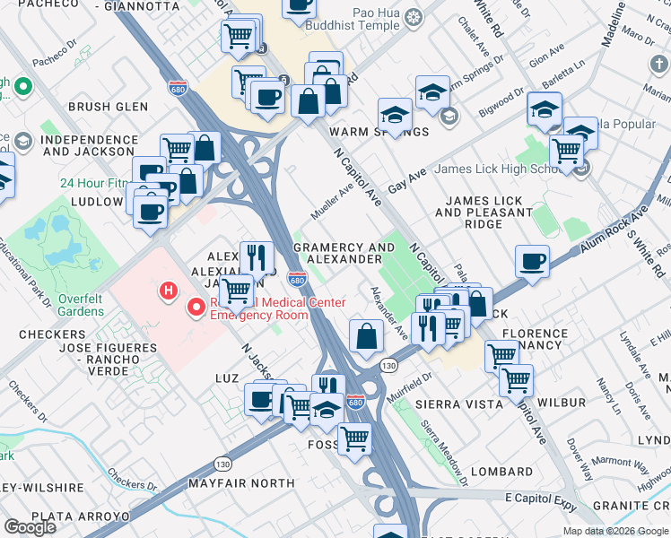 map of restaurants, bars, coffee shops, grocery stores, and more near 138 Elodie Way in San Jose