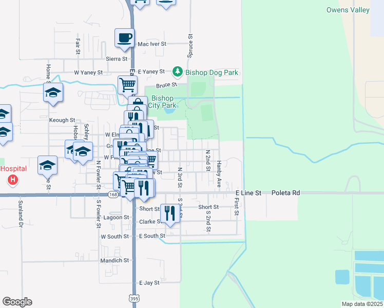 map of restaurants, bars, coffee shops, grocery stores, and more near 306 May Street in Bishop