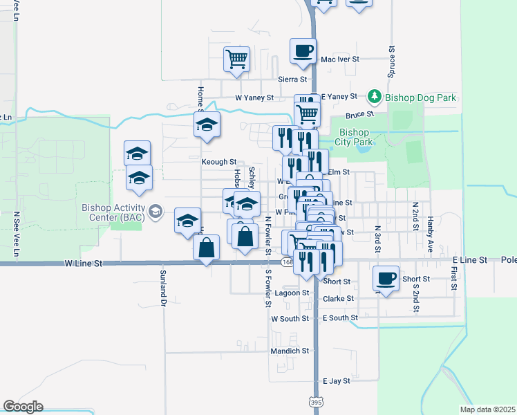 map of restaurants, bars, coffee shops, grocery stores, and more near 500-598 West Pine Street in Bishop
