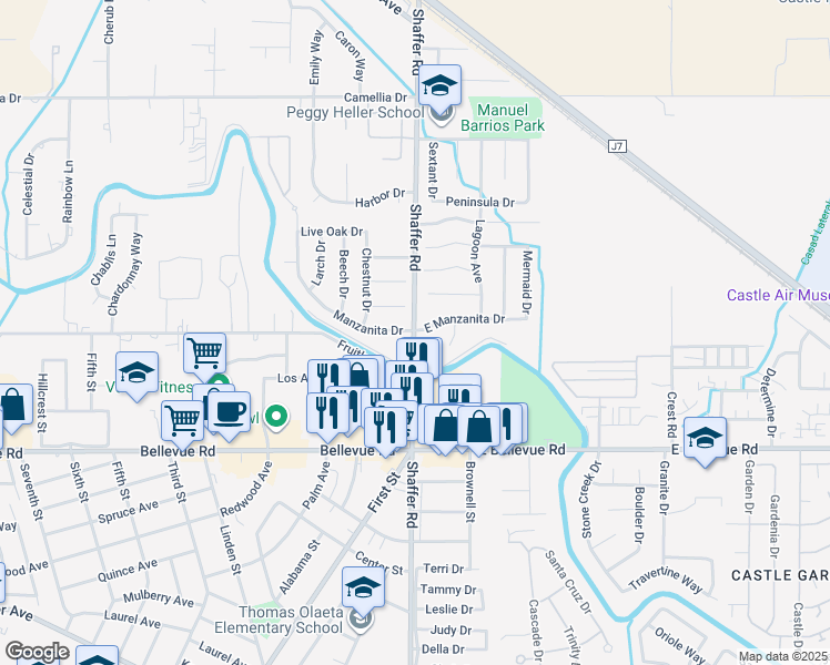 map of restaurants, bars, coffee shops, grocery stores, and more near 2900 Shaffer Road in Atwater