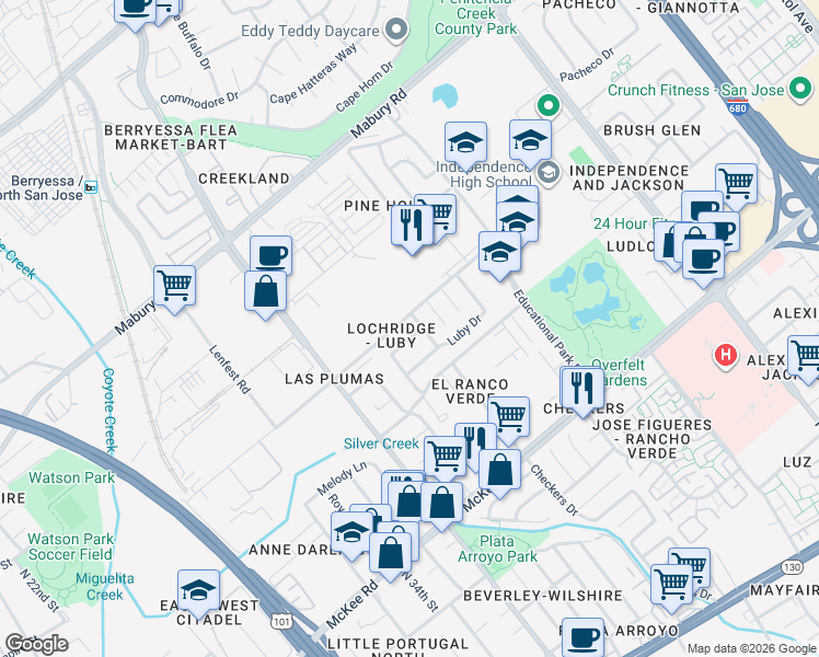map of restaurants, bars, coffee shops, grocery stores, and more near 1855 Luby Drive in San Jose