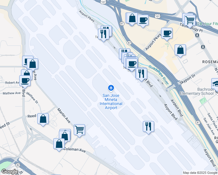 map of restaurants, bars, coffee shops, grocery stores, and more near 1701 Airport Boulevard in San Jose