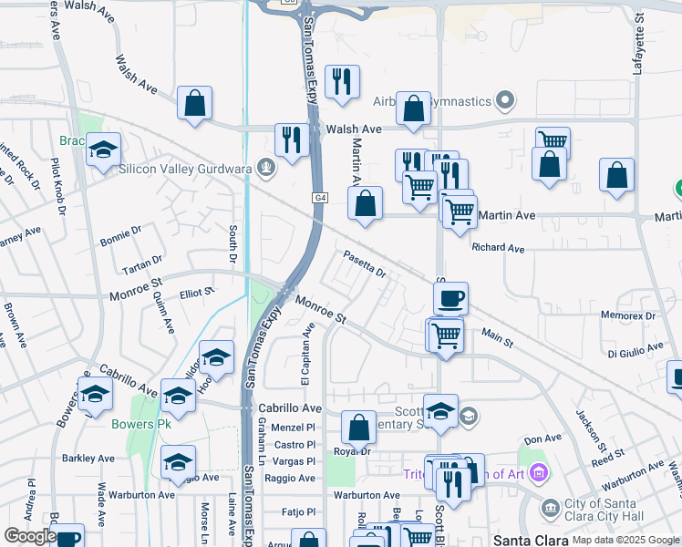 map of restaurants, bars, coffee shops, grocery stores, and more near 2248 Los Padres Boulevard in Santa Clara