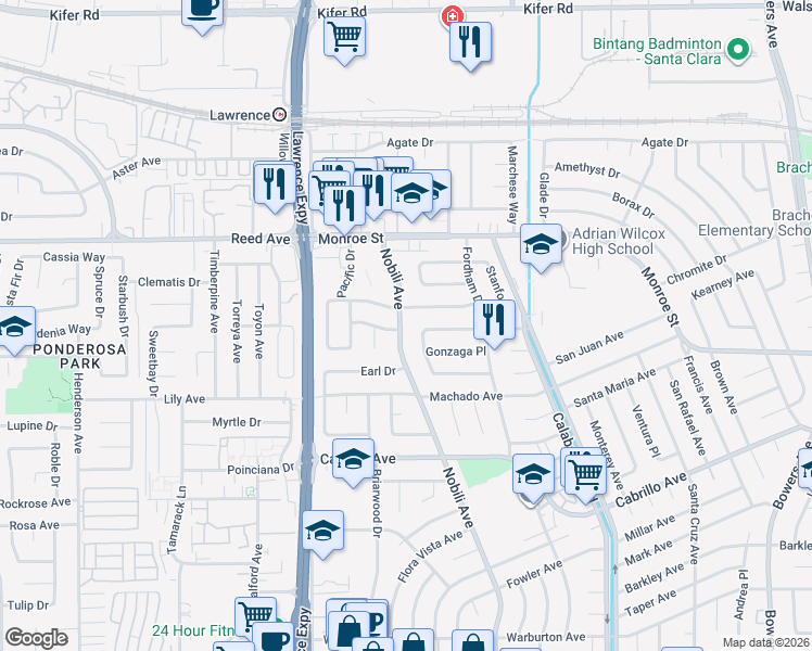 map of restaurants, bars, coffee shops, grocery stores, and more near 2231 Nobili Avenue in Santa Clara