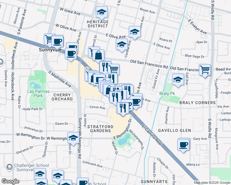 map of restaurants, bars, coffee shops, grocery stores, and more near 472 California 82 in Sunnyvale