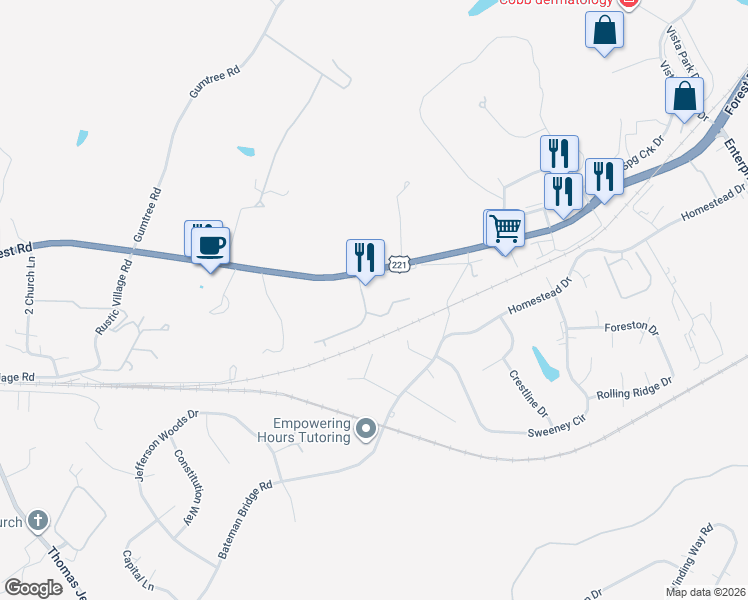 map of restaurants, bars, coffee shops, grocery stores, and more near 1047 East Lawn Drive in Forest