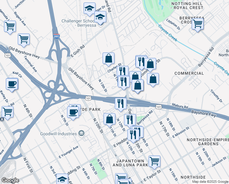map of restaurants, bars, coffee shops, grocery stores, and more near 640 Commercial Street in San Jose