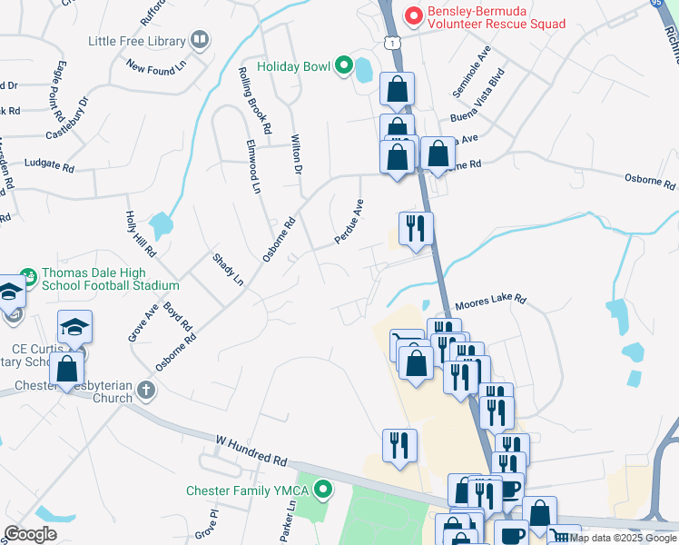 map of restaurants, bars, coffee shops, grocery stores, and more near 2919 Warfield Ridge Terrace in Chester