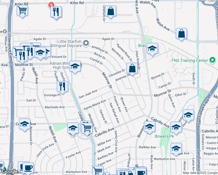 map of restaurants, bars, coffee shops, grocery stores, and more near 2236 Francis Avenue in Santa Clara