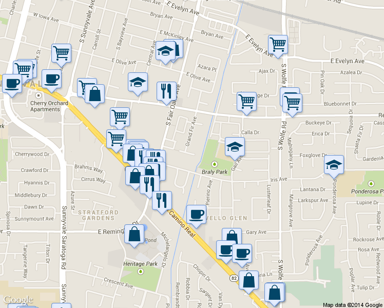 map of restaurants, bars, coffee shops, grocery stores, and more near 677 Iris Avenue in Sunnyvale