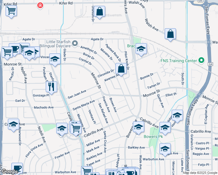 map of restaurants, bars, coffee shops, grocery stores, and more near 2931 Monroe Street in Santa Clara