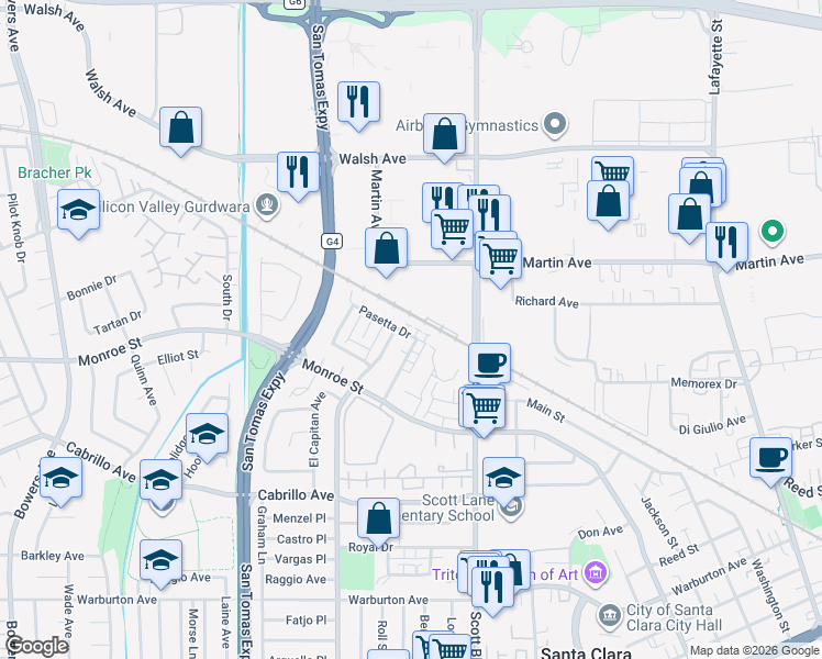 map of restaurants, bars, coffee shops, grocery stores, and more near 2285 Deborah Drive in Santa Clara