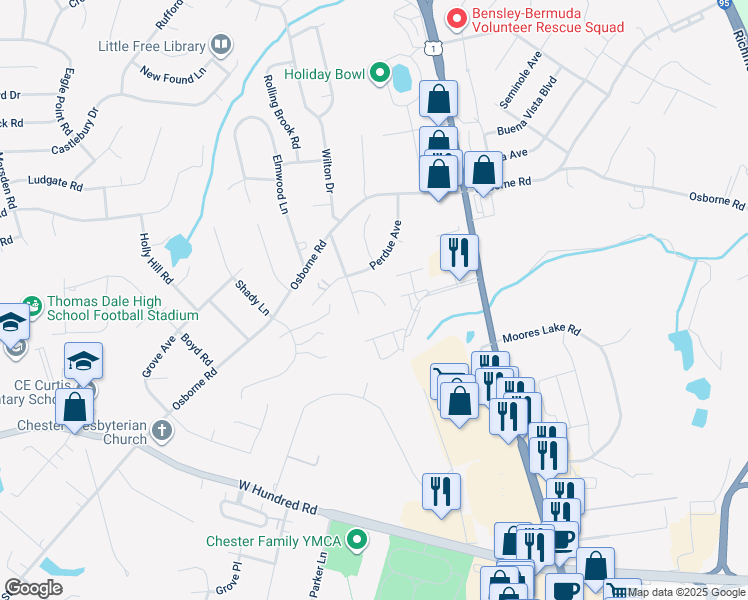 map of restaurants, bars, coffee shops, grocery stores, and more near 2919 Warfield Ridge Terrace in Chester