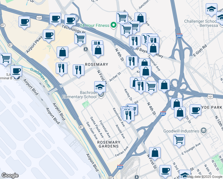 map of restaurants, bars, coffee shops, grocery stores, and more near N 1st St & Sonora Ave in San Jose