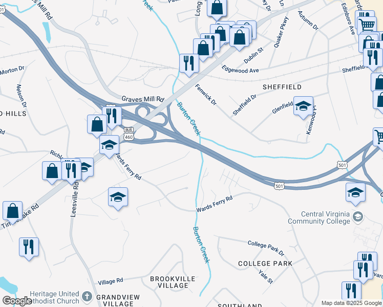 map of restaurants, bars, coffee shops, grocery stores, and more near 124 Adams Drive in Lynchburg