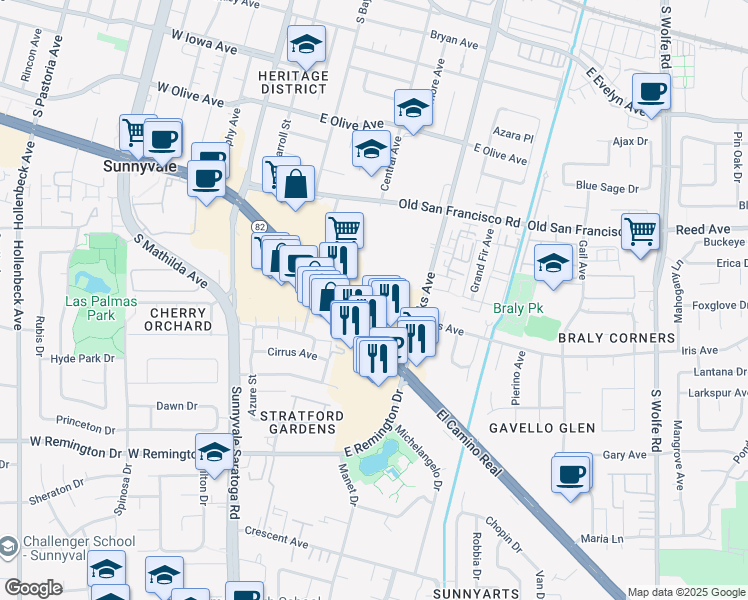 map of restaurants, bars, coffee shops, grocery stores, and more near 555 East El Camino Real in Sunnyvale