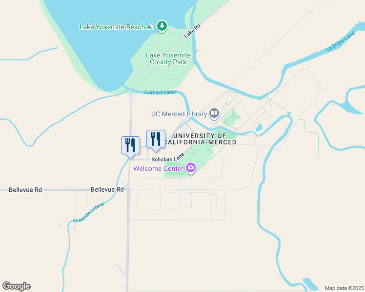 map of restaurants, bars, coffee shops, grocery stores, and more near 5400 N Lake Road in Merced