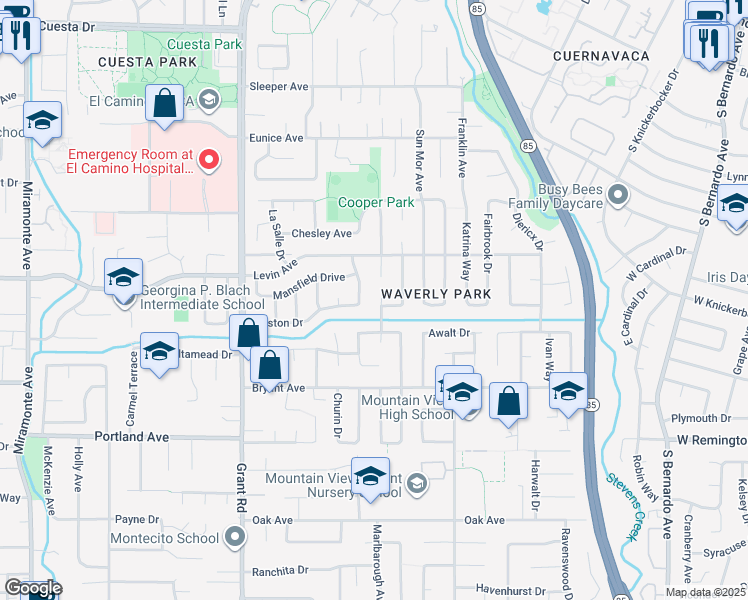 map of restaurants, bars, coffee shops, grocery stores, and more near 2731 Levin Court in Mountain View