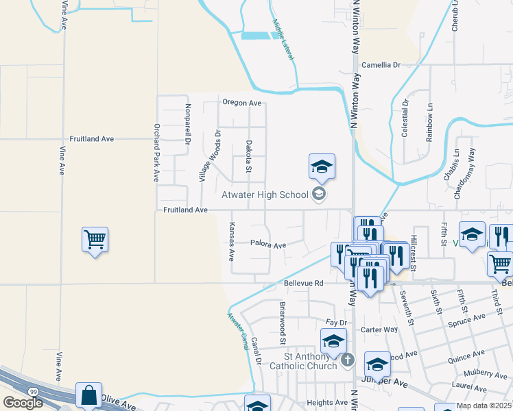 map of restaurants, bars, coffee shops, grocery stores, and more near 2421 Fruitland Avenue in Atwater