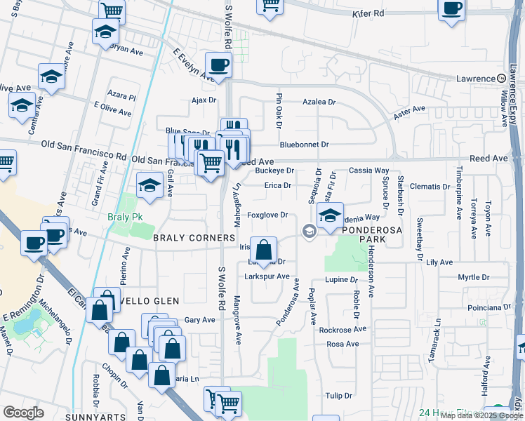 map of restaurants, bars, coffee shops, grocery stores, and more near 949 Mesa Oak Court in Sunnyvale