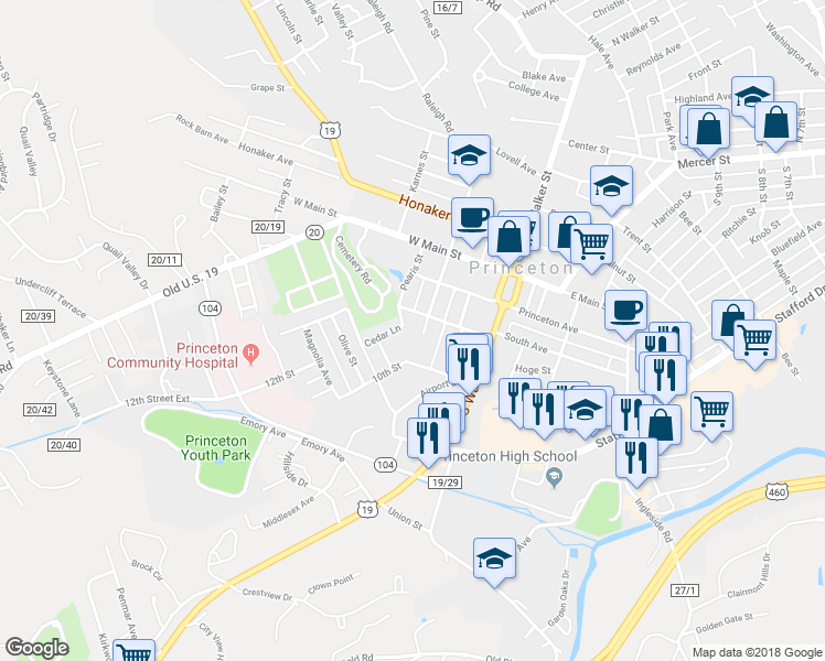 map of restaurants, bars, coffee shops, grocery stores, and more near 308 South Johnston Street in Princeton