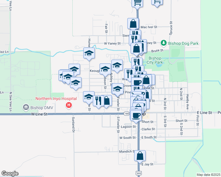 map of restaurants, bars, coffee shops, grocery stores, and more near 501 Schley Street in Bishop