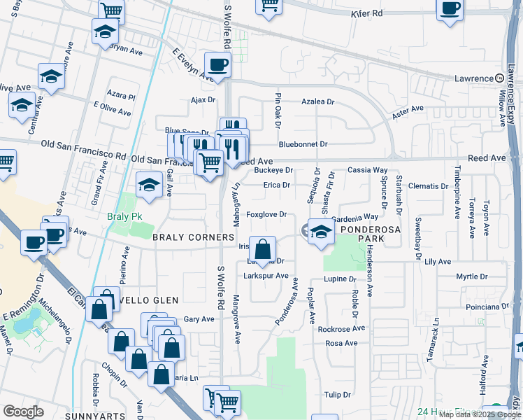 map of restaurants, bars, coffee shops, grocery stores, and more near 949 Mesa Oak Court in Sunnyvale