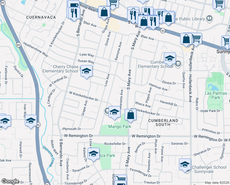 map of restaurants, bars, coffee shops, grocery stores, and more near 1030 Hiawatha Court in Sunnyvale