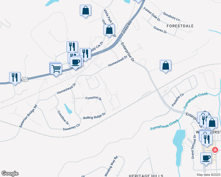 map of restaurants, bars, coffee shops, grocery stores, and more near 1150 Homestead Garden Court in Forest