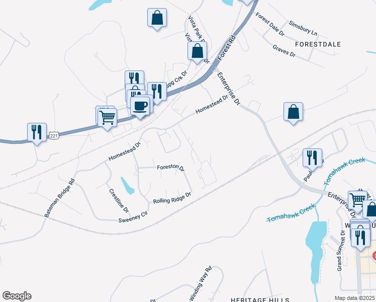 map of restaurants, bars, coffee shops, grocery stores, and more near 1225 Jefferson Oaks Court in Forest