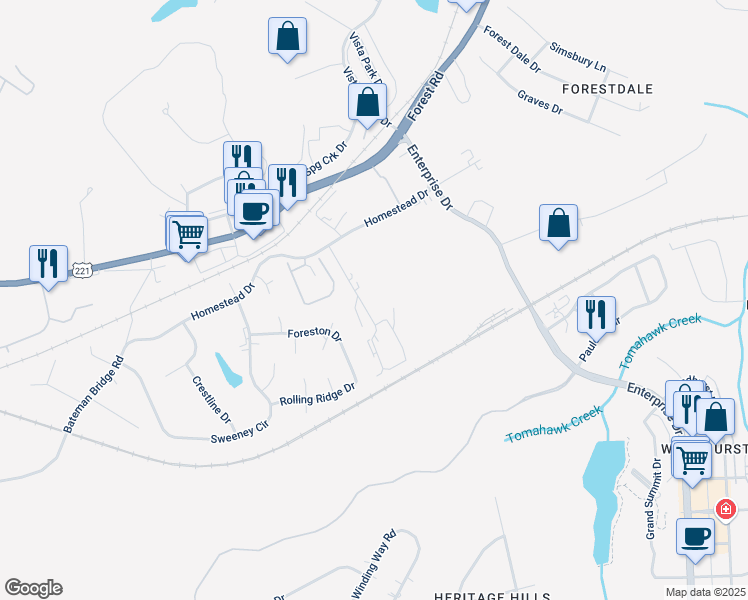 map of restaurants, bars, coffee shops, grocery stores, and more near 1168 Homestead Garden Court in Forest