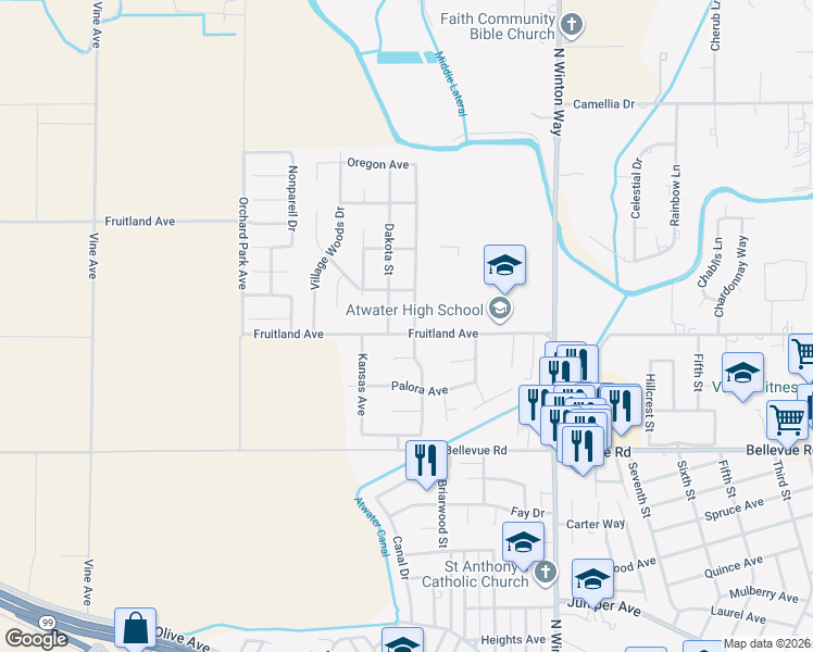 map of restaurants, bars, coffee shops, grocery stores, and more near 2405 Fruitland Avenue in Atwater