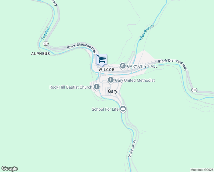 map of restaurants, bars, coffee shops, grocery stores, and more near 1st Street in Welch