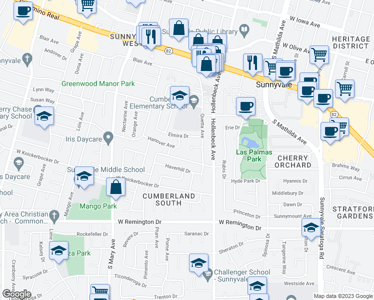 map of restaurants, bars, coffee shops, grocery stores, and more near 845 Groton Court in Sunnyvale