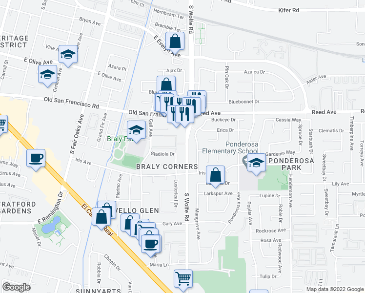map of restaurants, bars, coffee shops, grocery stores, and more near 767 South Wolfe Road in Sunnyvale