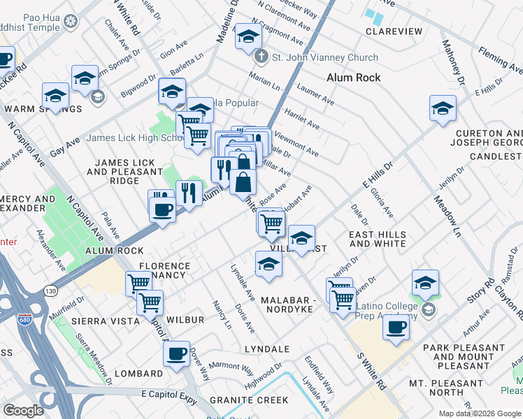 map of restaurants, bars, coffee shops, grocery stores, and more near 50 South White Road in San Jose