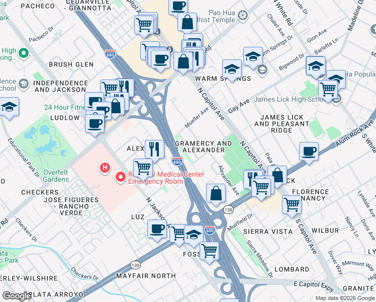 map of restaurants, bars, coffee shops, grocery stores, and more near 175 Alexander Avenue in San Jose
