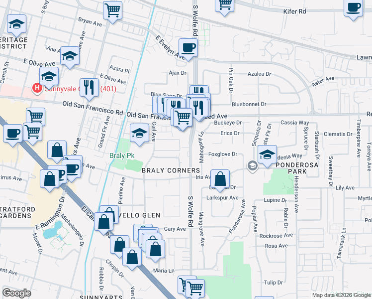 map of restaurants, bars, coffee shops, grocery stores, and more near 767 South Wolfe Road in Sunnyvale